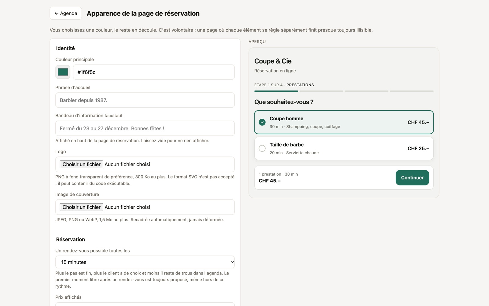Booking page settings in your salon’s colours